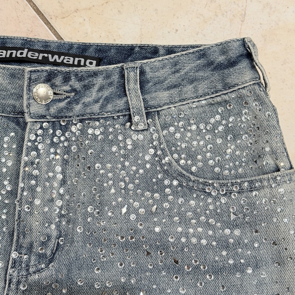 Alexander Wang Crystal Rhinestone Embellished Straight Jeans S 28 Gray Blue Y2K - Picture 4 of 16